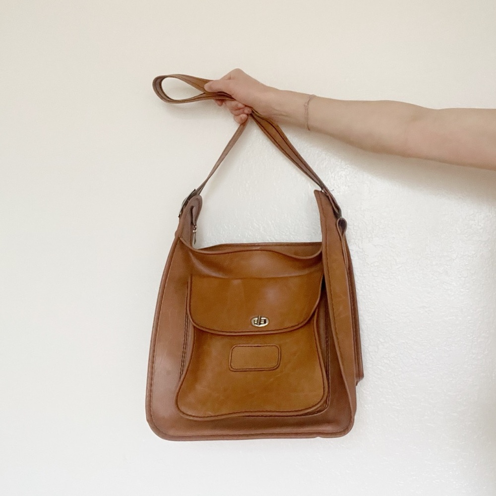 Vegan Leather Satchel Purse Vintage 70s Faux Leather Shoulder Bag Indiana Jones